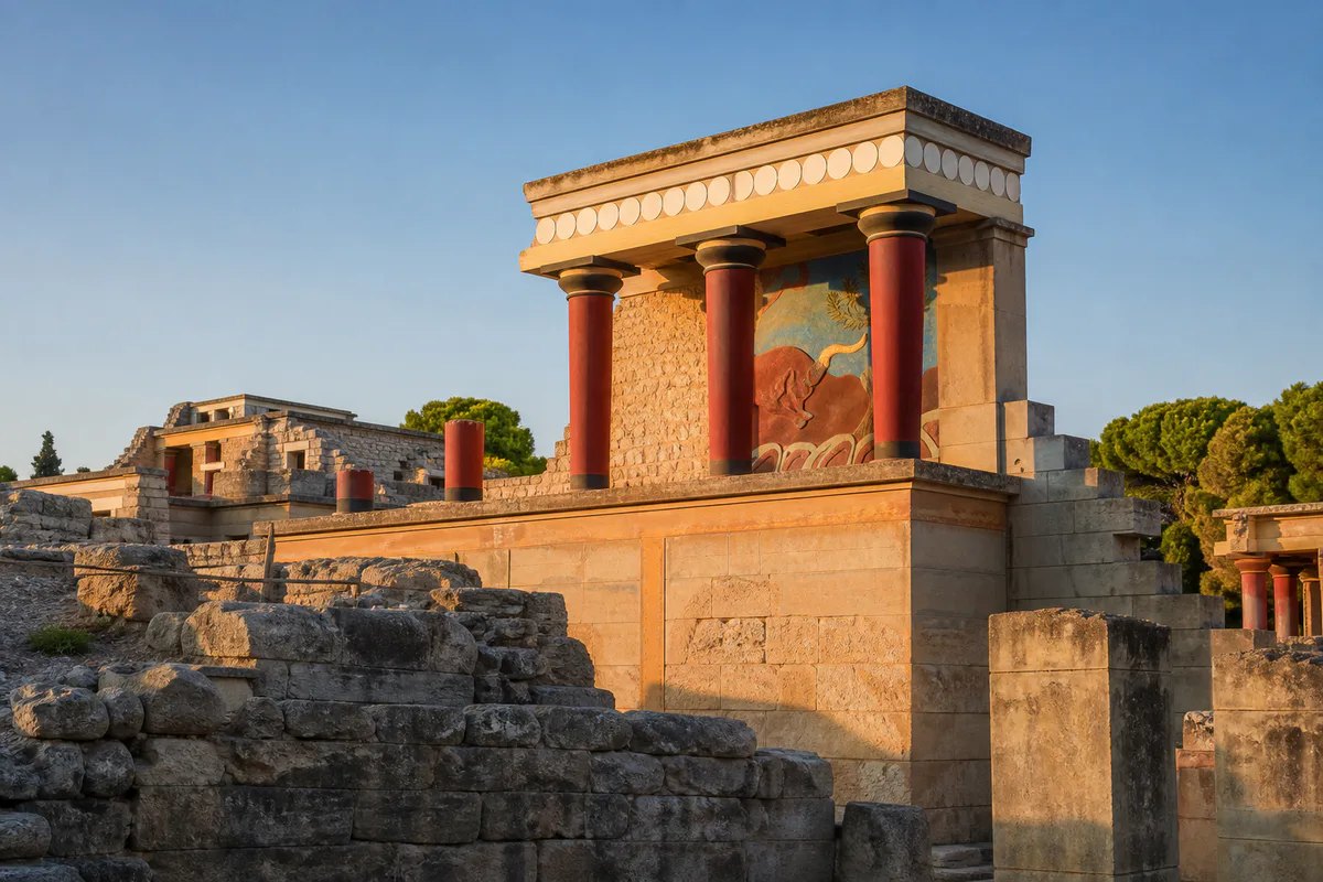 Warm morning light across the reconstructed Minoan columns and stone ruins at Knossos