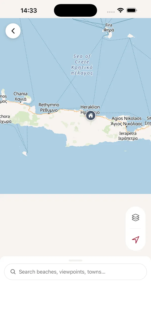 A map of Crete in the Crete Bus app, shown on an iPhone.