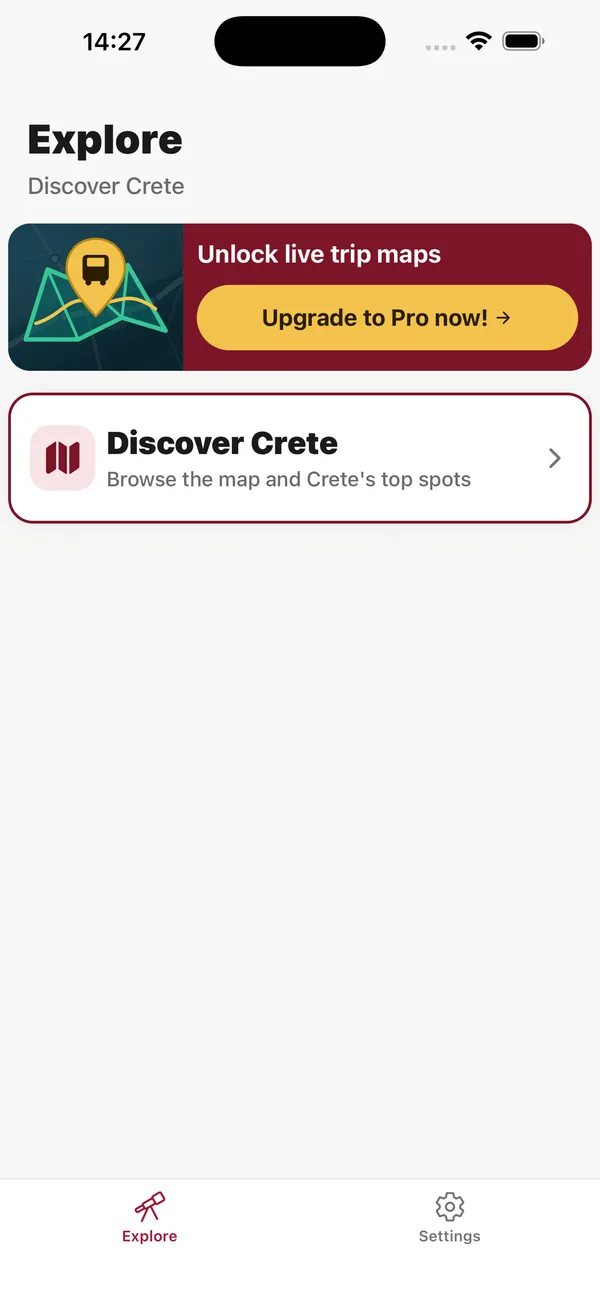The explore screen of the Crete Bus app, shown on an iPhone.