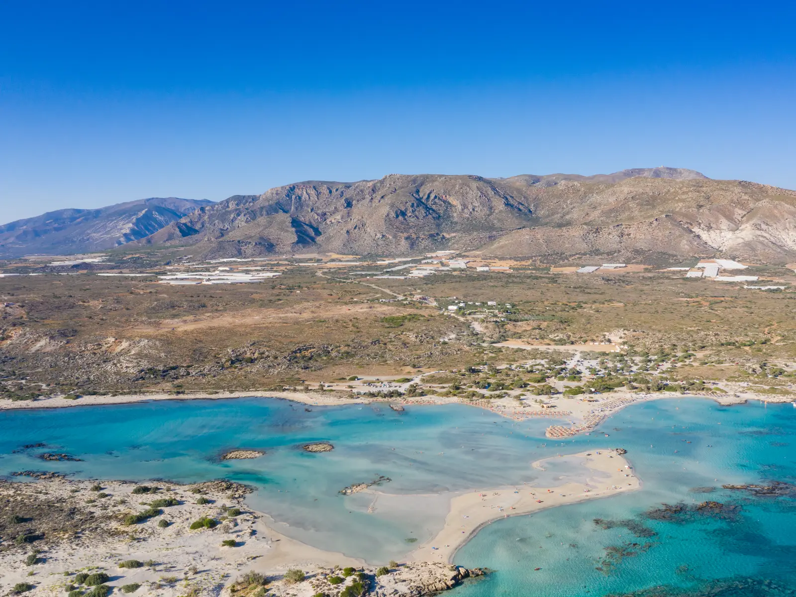 Aerial view of Elafonisi's pink-sand lagoon