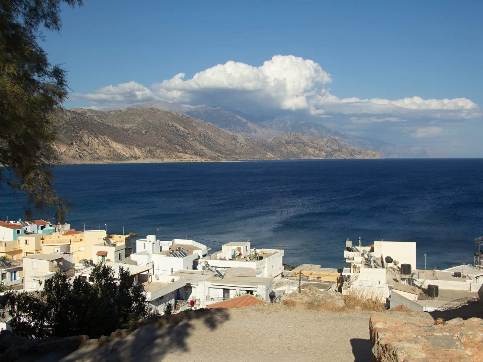 Paleochora and Selinou Bay seen from the castle hill, with the White Mountains on the horizon