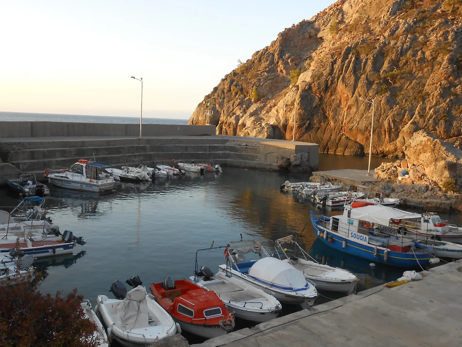 Boats in the small harbour of Sougia in the early morning