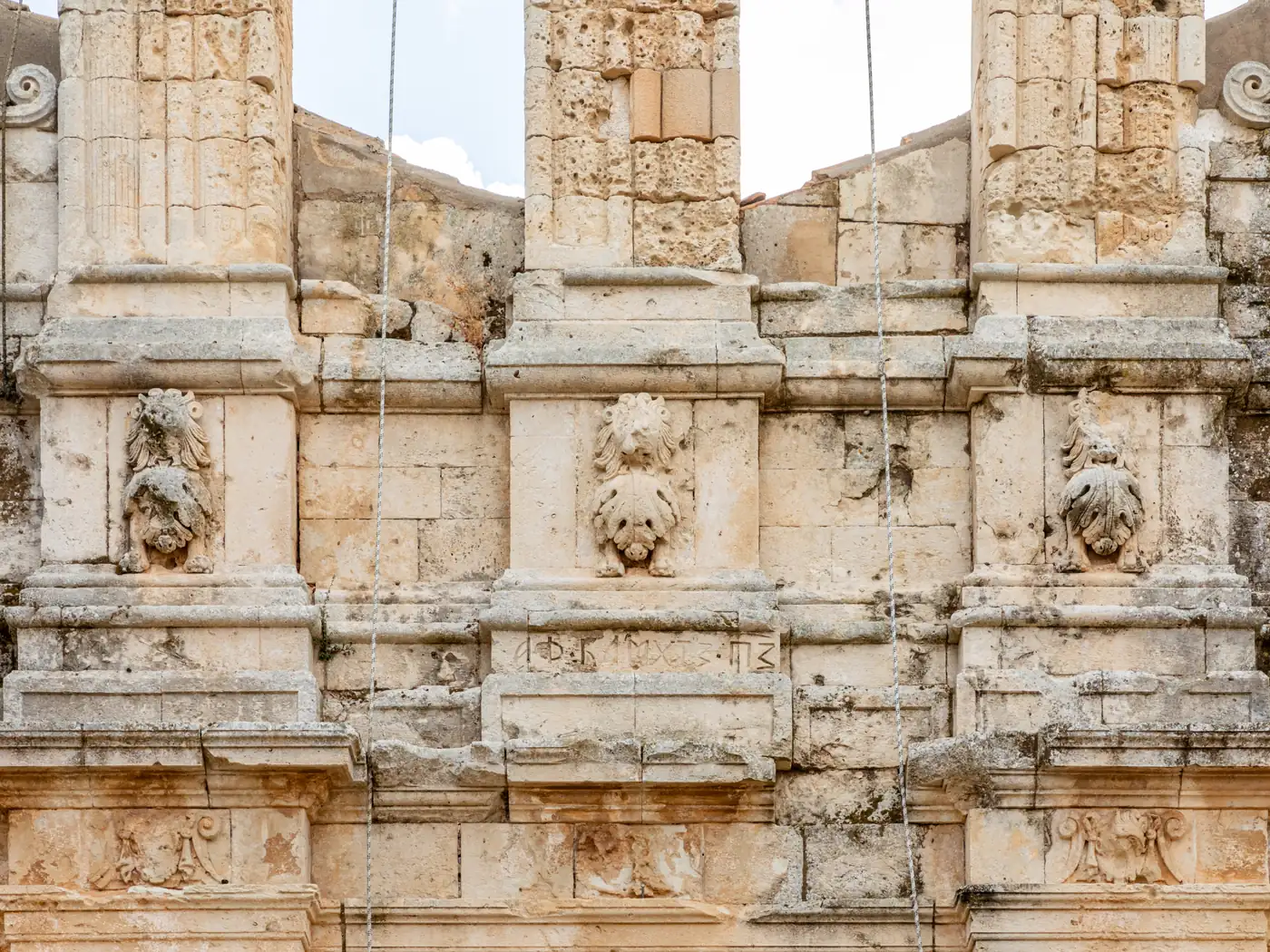 Carved stonework on the façade of the church at Arkadi Monastery