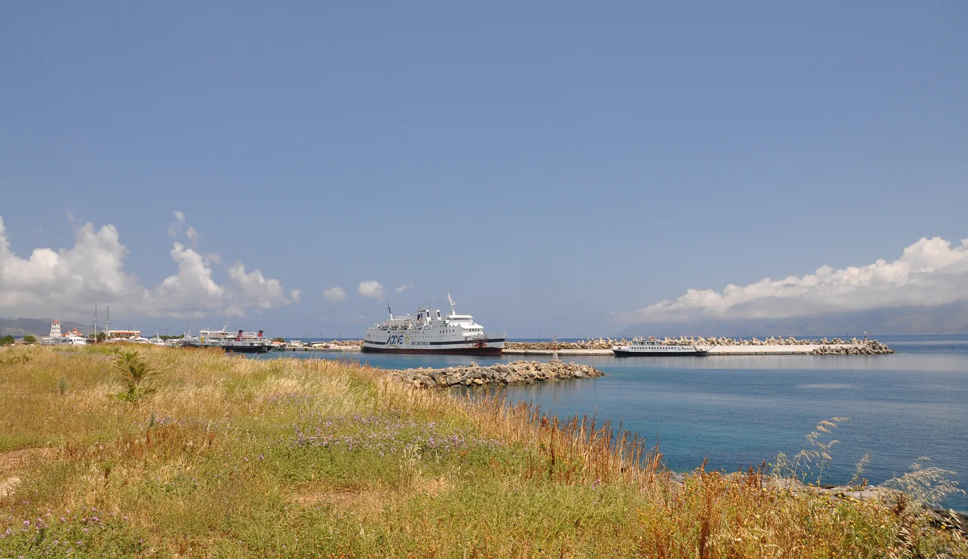 A ferry moored at the quay of Kissamos port