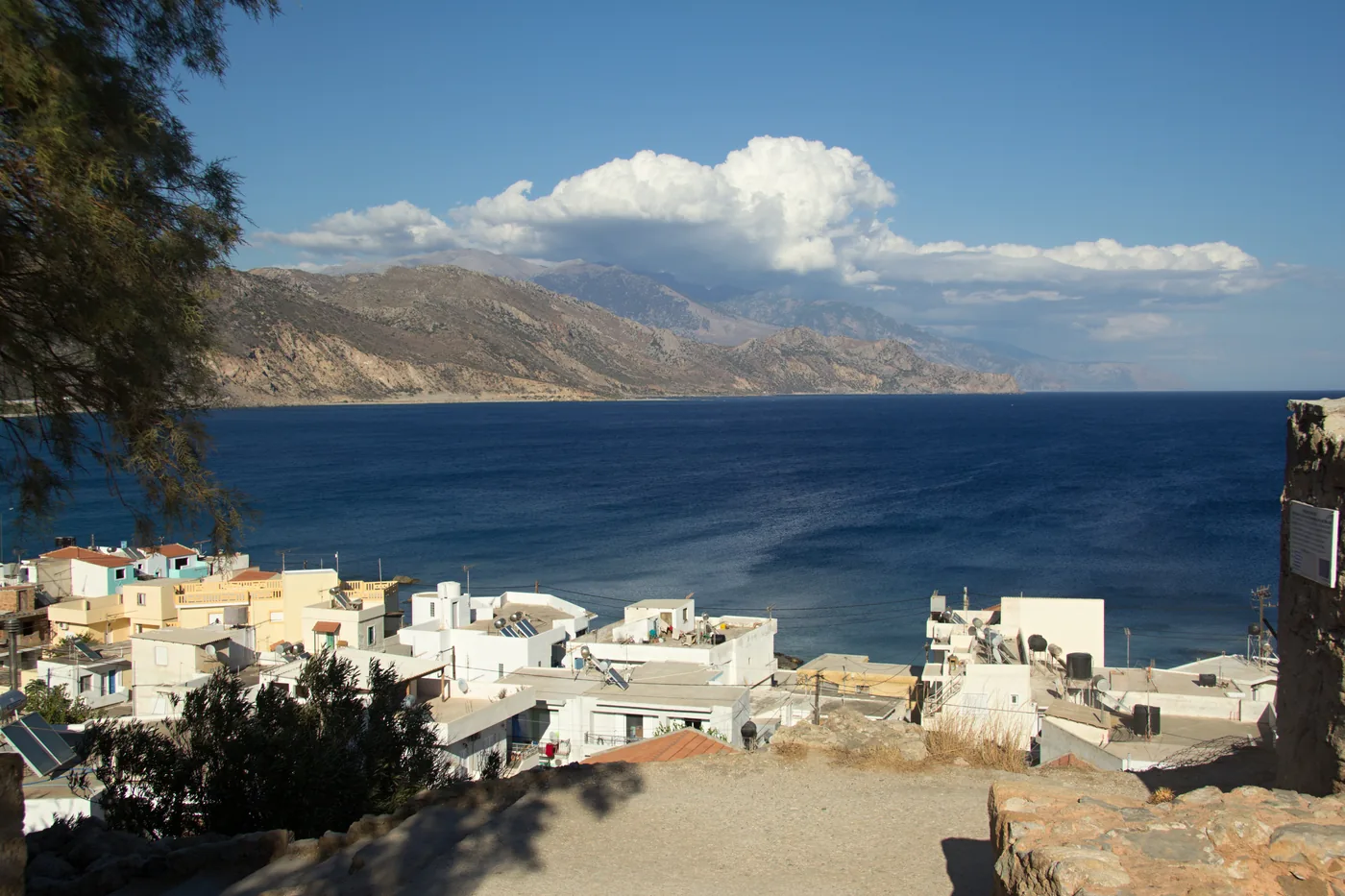 Paleochora and Selinou Bay seen from the castle hill, with the White Mountains on the horizon