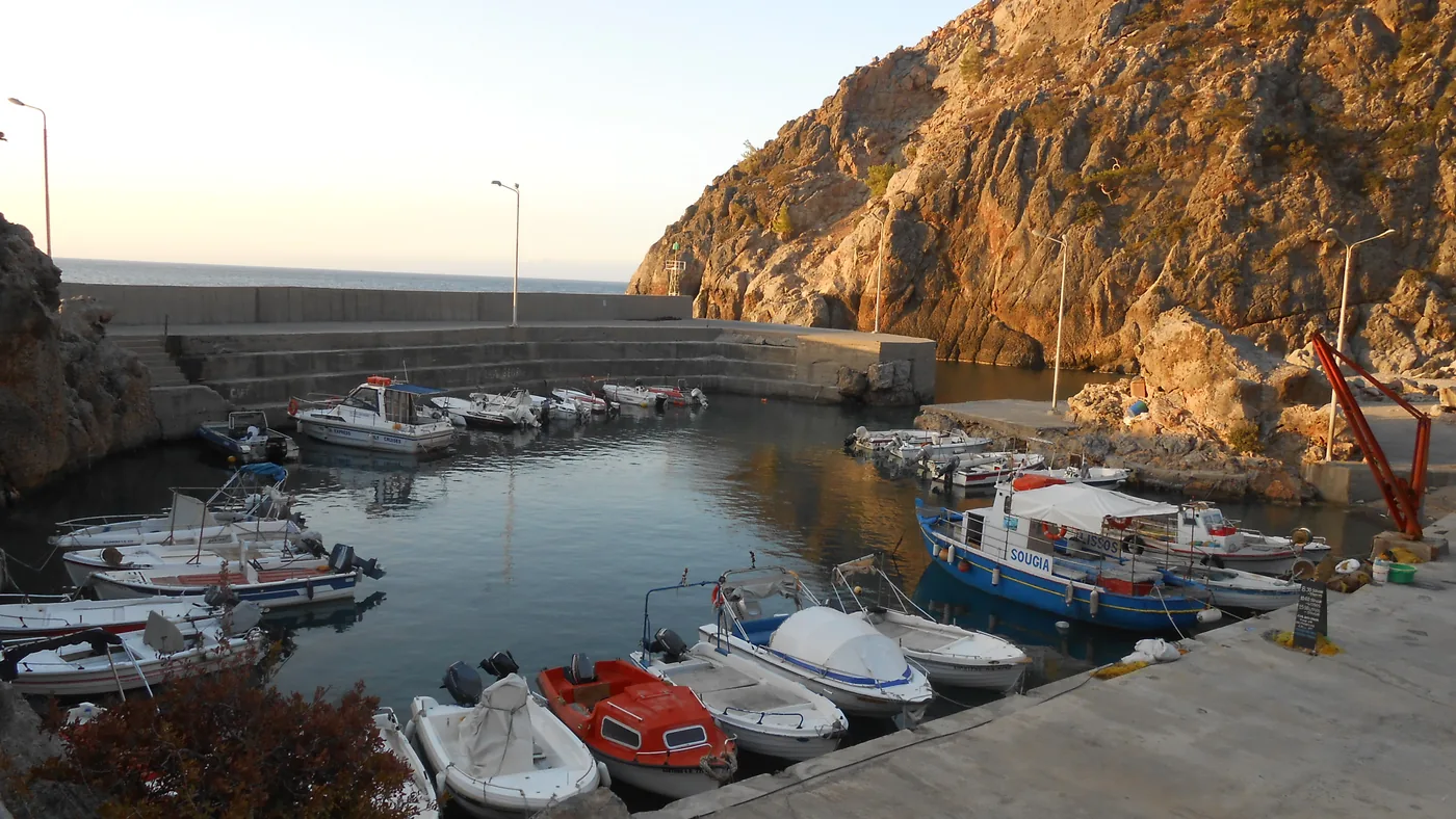 Boats in the small harbour of Sougia in the early morning